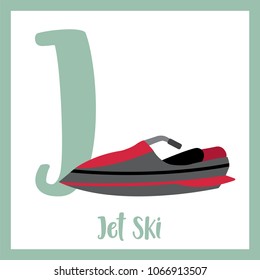 Letter J cute children colorful transportations ABC alphabet flashcard of Jet Ski for kids learning English vocabulary Vector Illustration.