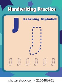Letter J cute children colorful ABC alphabet trace practice worksheet for kids learning and handwriting layout in printable vector illustration.