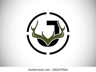 Letter J with deer antlers in target shape, flat style logo design vector template, Hunting inspirations symbol for corporate business identity