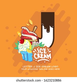 Letter J Delicious Chocolate Melting Ice Cream Cup Logo on Orange Background. Vector Flat Modern Style. Colorful Logo in Cartoon Style Illustration for Ice Cream Shop Café and Restaurant