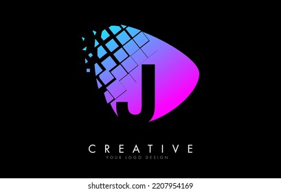 Letter J Design with Colorful Pink and Blue Shattered Blocks Vector Illustration. Pixel art of the J letter logo. 