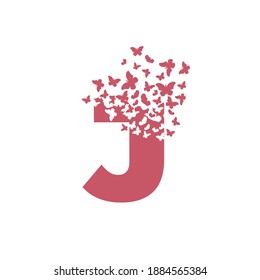 The letter J dispersing into a cloud of butterflies or moths.