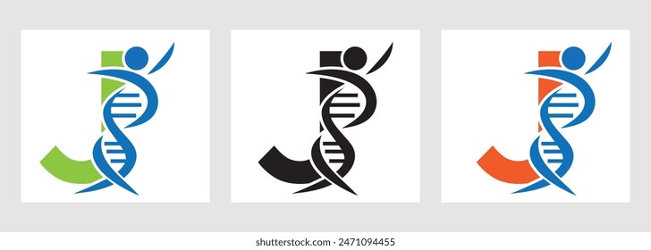 Letra J DNA Logo con símbolo humano. Icono de célula de ADN. Signo de atención médica