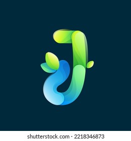 Letter J eco logo with gradient lines with green leaf. Environment friendly icon made of overlapping parts. Perfect for agriculture art, waste recycling app design, healthy food packaging.