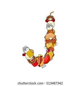 Letter J edible. Alphabet sign of food. Feed concept template elements ABC. Dish icon. Pizza and taco. Donuts and FAstfood. Hotdog and cookies. Baked turkey and watermelon. Pork and cake