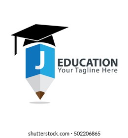 Letter J Education logo concept with pencil and book icon. Design template for education purposes
