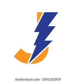 Letter J For Electric Logo Combination With Lightning Thunder Bolt Icon. Power Logo Design