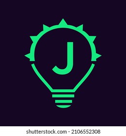 Letra J Logotipo Eléctrico, Letra J Con Plantilla Vector De Bombilla Clara. Electricidad De Energía Ecológica, Idea, Inspiración, Concepto De Reciclaje Energético
