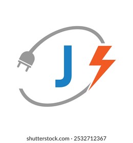 Letter J Electrical Logo Concept With Electric Plug and Power Symbol. Electric Logo Design