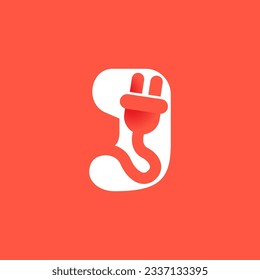 Letter J with electrical plug logo. Negative space technology icon. Power energy brand concept. Vector typeface for electric vehicle identity, eco-friendly hybrid cars, charging point and accessories.