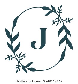 Letter J In Elegant Floral Oval Frame. Leafy Christmas Wreath. Vector  Illustration Isolated On White Background.