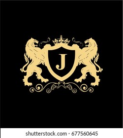 Letter J Elegant logo with two lions and shield vector design. Coat of arms