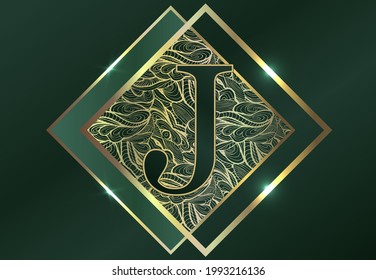 Letter J. Exclusive elite design of labels, badges, frames, logo, packaging. Gold monogram ornament on a green background. Great for
perfumery, soap, lotions.