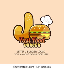Letter J Fast Food Burger Logo Design for Brand Label Food and Menu Restaurant or Cafe with Chef’s Hat on Pink Background. Lettering Vector illustration. Design Template Concept
