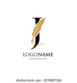 Letter J Feather Pen Logo Design Vector Icon Graphic Emblem Illustration Background Template