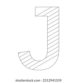 The letter J filled with diagonal stripes that run from the top left to the bottom right corner. Kindergarten letter worksheets, coloring the letter J, with various colors as you wish.