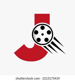 Letter J Film Logo Concept With Film Reel For Media Sign, Movie Director Symbol Vector Template
