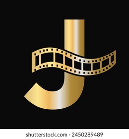 Letter J with Films Roll Symbol. Strip Film Logo For Movie Sign and Entertainment Concept