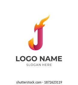 letter J flame logo, letter J and fire, combination logo with 3d yellow and red color style