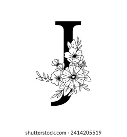 Letter J floral decorative. Alphabet with flower and leaves ornament.