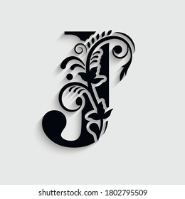 ornamento floral de la letra J. Logo del vector. Alfabeto monograma. Hermosas letras florales de mayúsculas
