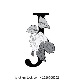 Letter J with flowers. The composition of flowers and letters. Latin letter in monochrome retro style. Stylish decorative composition for a logo, signboard, banner, print.