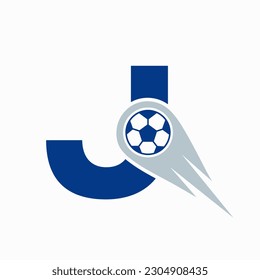 Letter J Football Logo Concept With Moving Football Icon. Soccer Logo Template