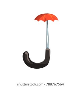 Letter J formed of red handle umbrella. Detailed cartoon character. Concept of English alphabet, ABC. Colored flat vector for mobile app, sticker or children book