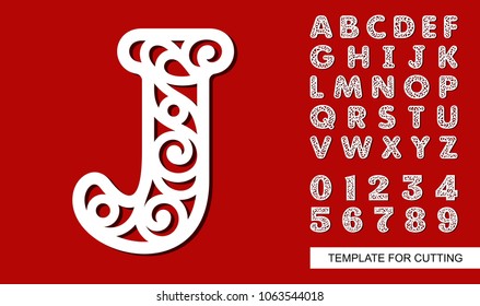 Letter J. Full English alphabet and digits 0, 1, 2, 3, 4, 5, 6, 7, 8, 9. Lace letters and numbers. Template for laser cutting, wood carving, paper cut and printing. Vector illustration.