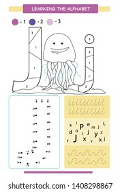 Letter J and funny cartoon jellyfish. Animals alphabet a-z. Coloring page. Printable worksheet. Handwriting practice. Connect the dots.