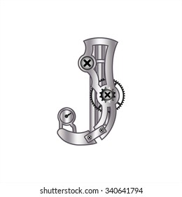 The letter "J" with gears, spare parts, bolts, screws, clockwork. Mechanical design. Metal iron and gradient.