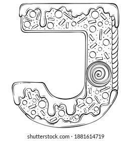 Letter J. Gingerbread Cookies in the form of letters. Cartoon vector font made in hand drawn line art style isolated on white background. Lettering logo template. Coloring book design.