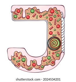 Letter J. Gingerbread Cookies in the form of letters j. Cartoon color vector font made in hand drawn line art style isolated on white. Lettering logo template. Christmas or New Year concept design.