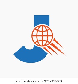 Letter J Global Logo Concept With Moving World Icon. Global Logotype Symbol Vector Template