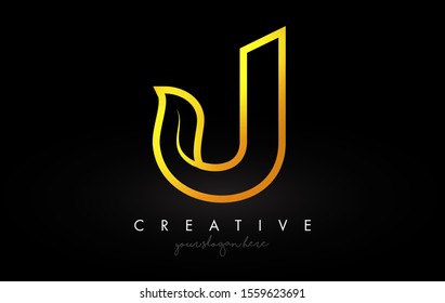 Letter J Golden Monogram Leaf Logo Icon Design with Gold Yellow Colors Vector Illustration.