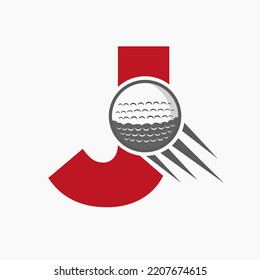 Letra J Concepto De Logotipo De Golf Con Icono De Pelota De Golf En Movimiento. Plantilla de vectores de logotipo de deportes de hockey