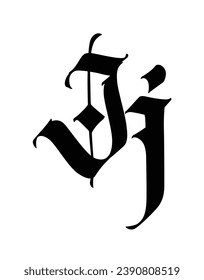 Letra J, de estilo gótico. Vector. Alfabeto. El símbolo está aislado en un fondo blanco. Caligrafía y letras. Letra latina medieval. Logo para la compañía. Monograma. Tipo de letra elegante para el tatuaje