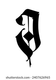 Der Buchstabe J im gotischen Stil. Vektorgrafik. Altes Alphabet. Das Symbol ist einzeln auf weißem Hintergrund. Kalligrafischer, mittelalterlicher lateinischer Brief. Logo für die Firma. Monogramm. Eine elegante Schriftart für eine Tätowierung.