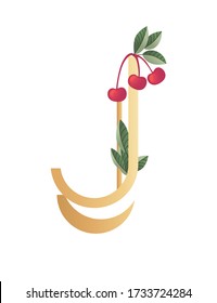 Letra J con estilo degradado color beige cubierto con hojas verdes y bayas rojas fuente eco ilustración vectorial plana aislada en fondo blanco