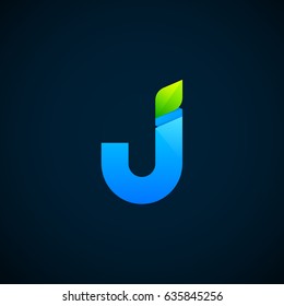 Letter J with Green leaf and Blue color, Modern glossy logotype, Vector ecology elements for corporate identity