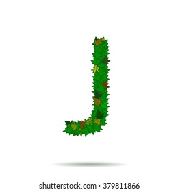 Letter J, green leaves vector alphabet.