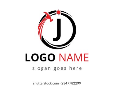 Letra J Concepto De Logotipo Hammer Para Construcción, Plantilla De Vector De Símbolos De Reparación De La Compañía De Madera.  Logo vectorial moderno para el negocio de la construcción e identidad de la empresa