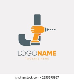 Letter J Hand Drill Machine Logo Design Vector Icon Graphic Emblem Illustration