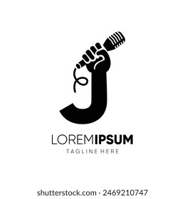 Letter J Hand with Microphone Logo Design Vector Icon Graphic Emblem Symbol Ilustration