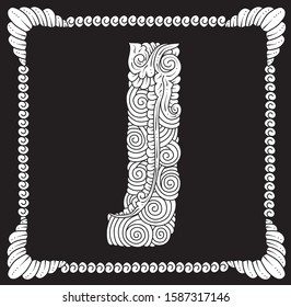 Letter J with with Hand-drawn sketch vectors alphabet of tendrils for decorative, carvings and borders patterns. It can also use for ornaments, frames and logos, with Javanese ethnics in black white