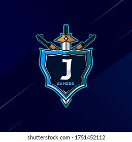 Letter J - Initial logo E-Sport with decoration of sword, shield, and weapon. Perfect for gamer brand, squad, etc.