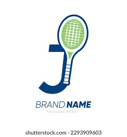 Ilustración gráfica del icono del vector del logotipo de la marca de tenis inicial de la letra J Ilustración del emblema de la raya de tenis