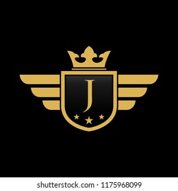 
Letter J initial wing with shield and crown, Luxury logo design vector 
