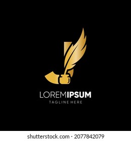Letter J Inkwell And Feather Pen Logo Design Vector Icon Graphic Emblem Illustration 