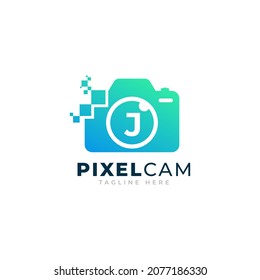 Plantilla de diseño de logotipos de tecnología de píxeles para imágenes con cámara de letra J